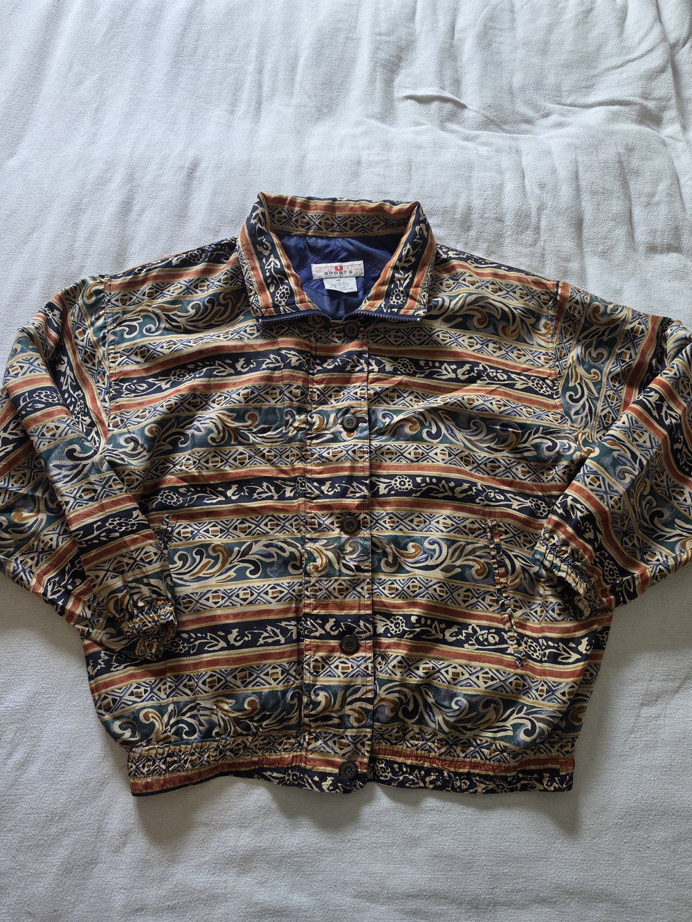 Vintage Striped Pattern Bomber Jacket in Navy, Rust & Cream